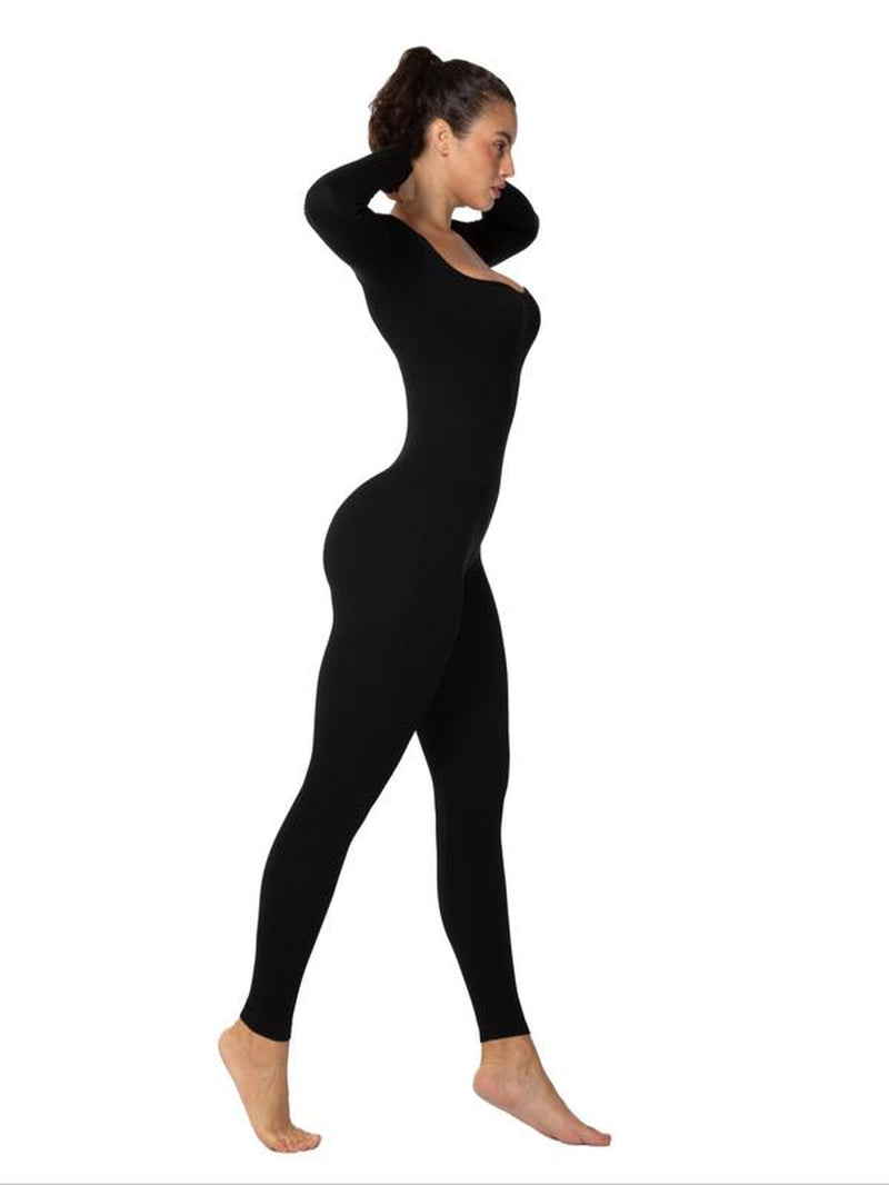 Women'S Solid Body Contouring Square Neck Long Sleeve Sports Jumpsuit, Tight Sleeve Seamless One Piece Jumpsuit for Yoga Gym Workout, Ladies Sportswear Clothing for Spring & Fall