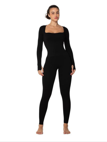 Women'S Solid Body Contouring Square Neck Long Sleeve Sports Jumpsuit, Tight Sleeve Seamless One Piece Jumpsuit for Yoga Gym Workout, Ladies Sportswear Clothing for Spring & Fall