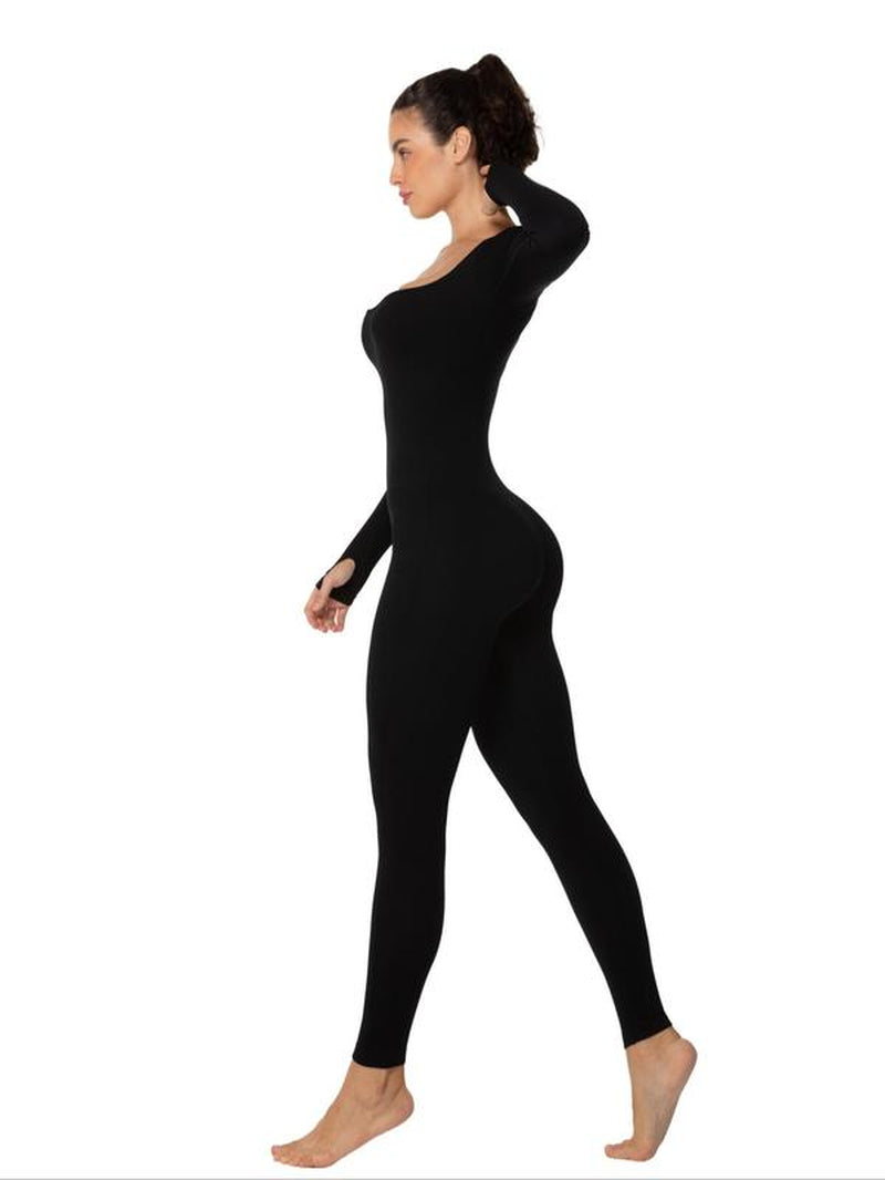 Women'S Solid Body Contouring Square Neck Long Sleeve Sports Jumpsuit, Tight Sleeve Seamless One Piece Jumpsuit for Yoga Gym Workout, Ladies Sportswear Clothing for Spring & Fall