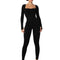 Women'S Solid Body Contouring Square Neck Long Sleeve Sports Jumpsuit, Tight Sleeve Seamless One Piece Jumpsuit for Yoga Gym Workout, Ladies Sportswear Clothing for Spring & Fall