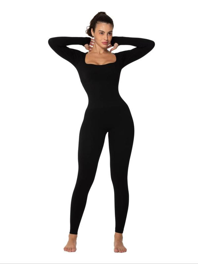 Women'S Solid Body Contouring Square Neck Long Sleeve Sports Jumpsuit, Tight Sleeve Seamless One Piece Jumpsuit for Yoga Gym Workout, Ladies Sportswear Clothing for Spring & Fall