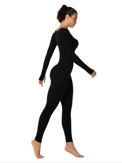 Women'S Solid Body Contouring Square Neck Long Sleeve Sports Jumpsuit, Tight Sleeve Seamless One Piece Jumpsuit for Yoga Gym Workout, Ladies Sportswear Clothing for Spring & Fall